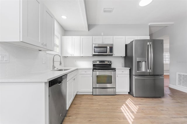 kitchen featuring white cabinetry, sink, stainless steel appliances, decorative backsplash, and light wood-type flooring