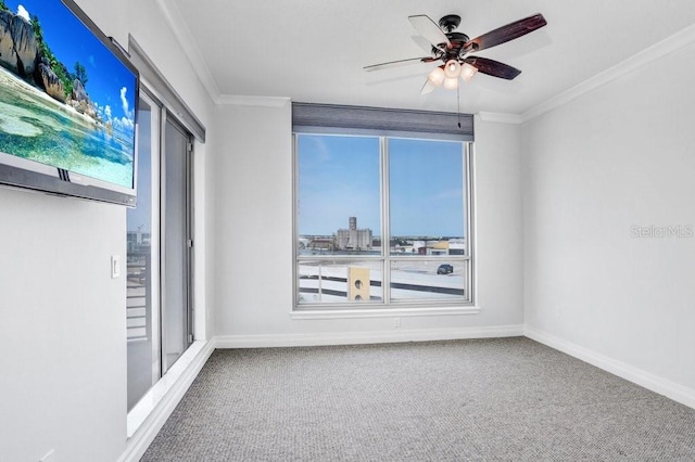 spare room featuring carpet floors, ceiling fan, and ornamental molding