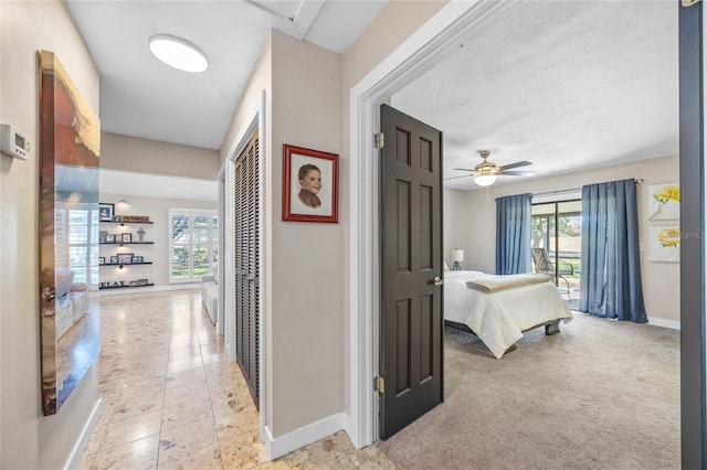 corridor featuring plenty of natural light and light colored carpet