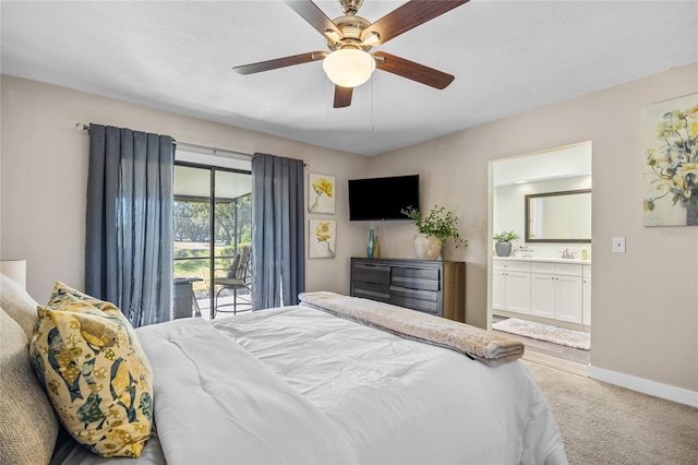 bedroom with ensuite bath, ceiling fan, sink, carpet floors, and access to outside