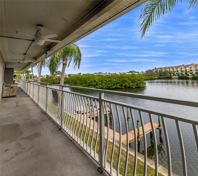 balcony featuring ceiling fan and a water view