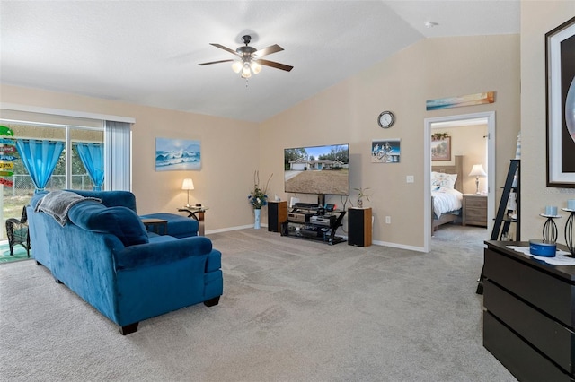 living room with ceiling fan, light colored carpet, and lofted ceiling