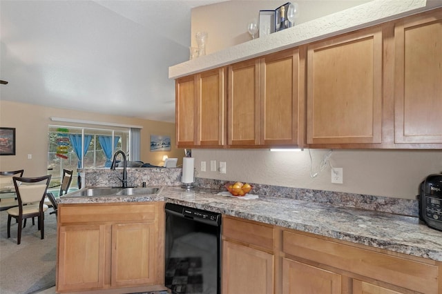 kitchen with kitchen peninsula, carpet flooring, light stone countertops, sink, and black dishwasher