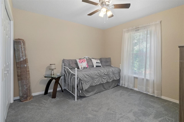 bedroom featuring carpet, ceiling fan, and a closet