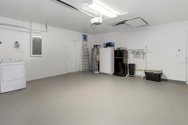 garage with electric water heater, white refrigerator, electric panel, black refrigerator, and a garage door opener