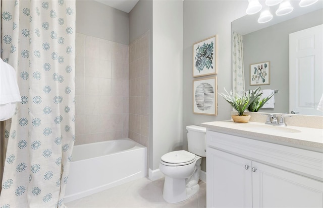 full bathroom with toilet, shower / tub combo, vanity, and tile patterned floors