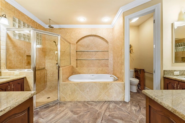 full bathroom with crown molding, independent shower and bath, and toilet