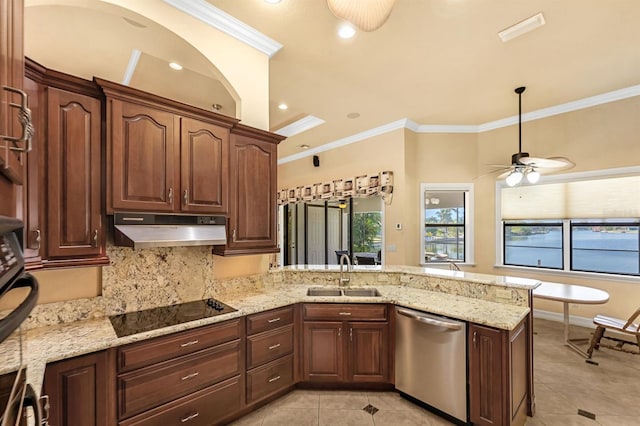 kitchen with dishwasher, crown molding, sink, black electric cooktop, and kitchen peninsula