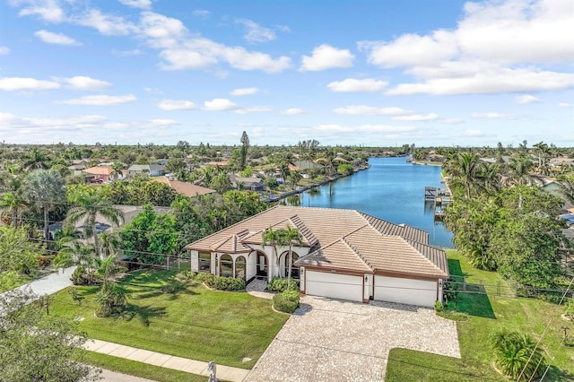 aerial view featuring a water view