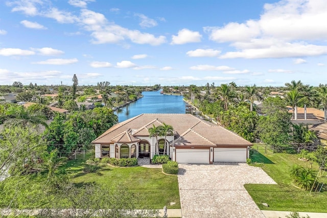 bird's eye view with a water view