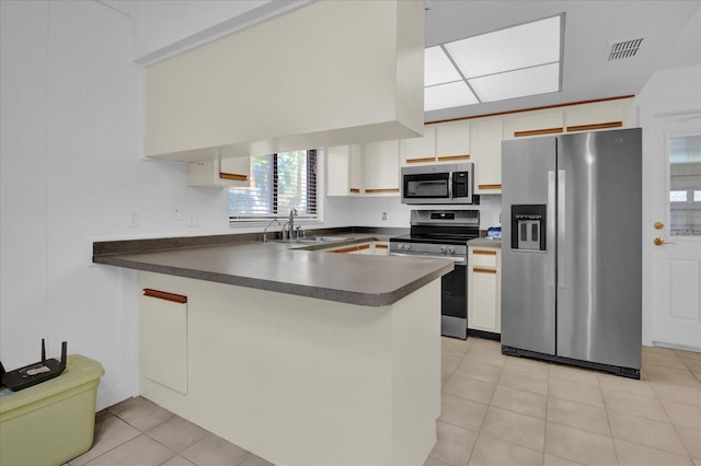 kitchen featuring white cabinetry, stainless steel appliances, sink, kitchen peninsula, and light tile patterned flooring