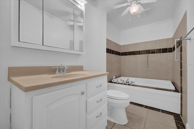 bathroom with ceiling fan, tile patterned floors, toilet, and ornamental molding