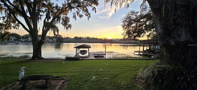 dock area featuring a water view and a lawn