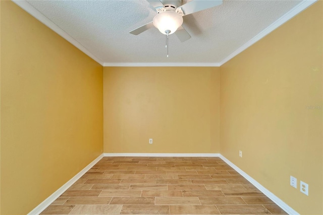 unfurnished room featuring ceiling fan, ornamental molding, and a textured ceiling