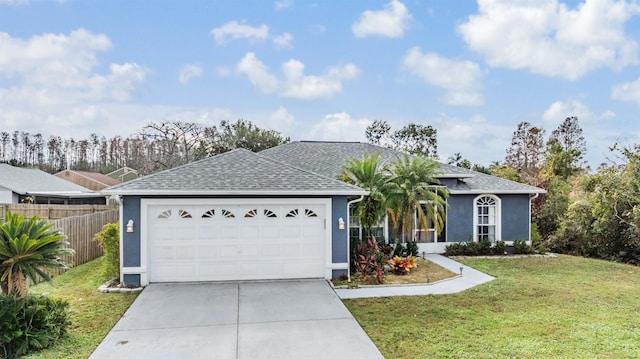 ranch-style house featuring a garage and a front lawn