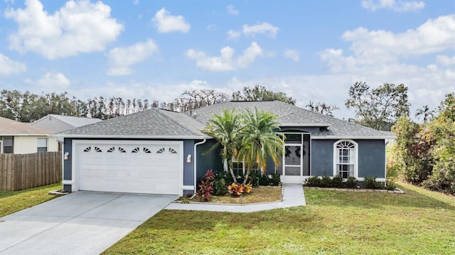 ranch-style house featuring a front yard and a garage