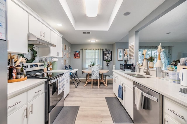 kitchen featuring appliances with stainless steel finishes, a raised ceiling, sink, light hardwood / wood-style floors, and white cabinetry