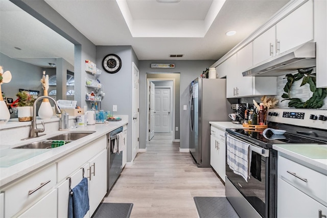 kitchen featuring sink, light hardwood / wood-style flooring, a tray ceiling, white cabinets, and appliances with stainless steel finishes