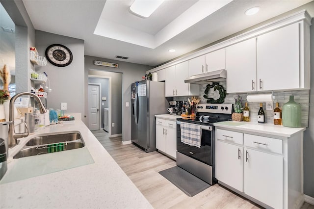 kitchen with white cabinetry, sink, stainless steel appliances, light hardwood / wood-style flooring, and decorative backsplash