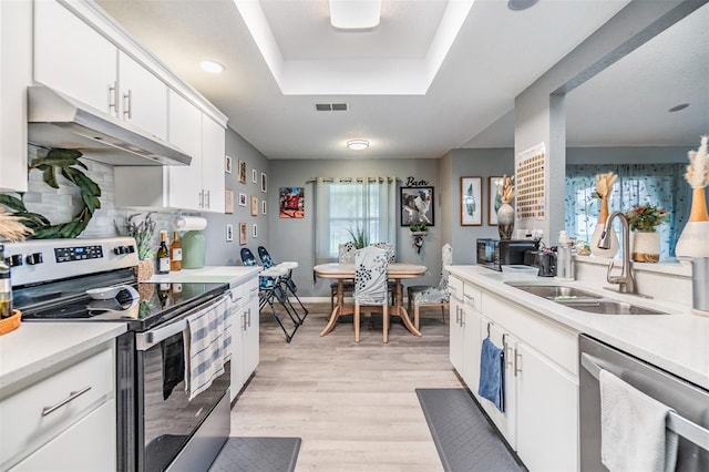 kitchen with a raised ceiling, sink, light hardwood / wood-style flooring, white cabinetry, and stainless steel appliances