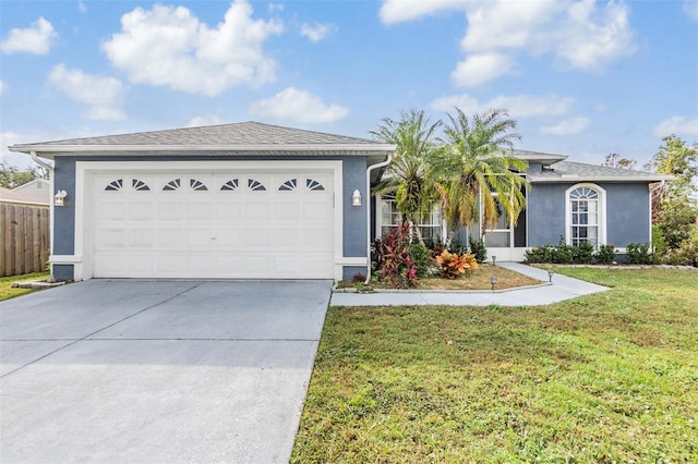 ranch-style house featuring a garage and a front lawn