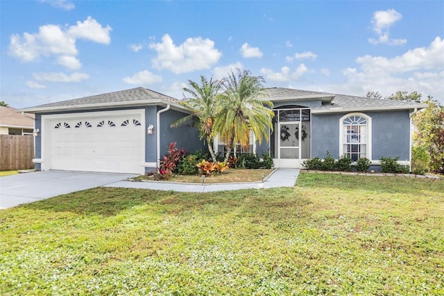 single story home with a front lawn and a garage