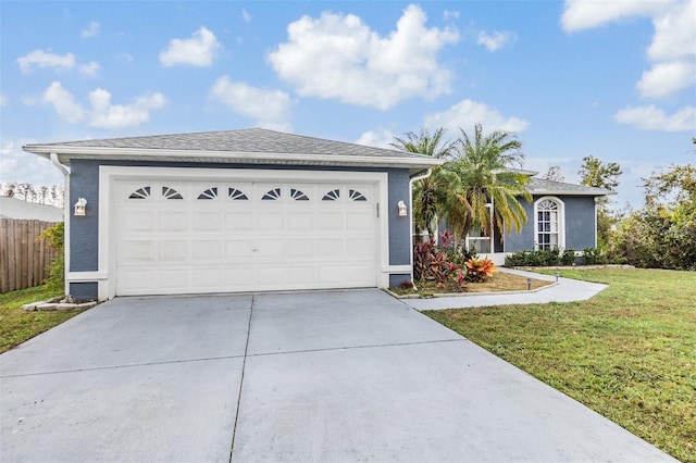 ranch-style house featuring a garage and a front yard