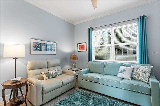 living room with hardwood / wood-style floors, ceiling fan, and crown molding