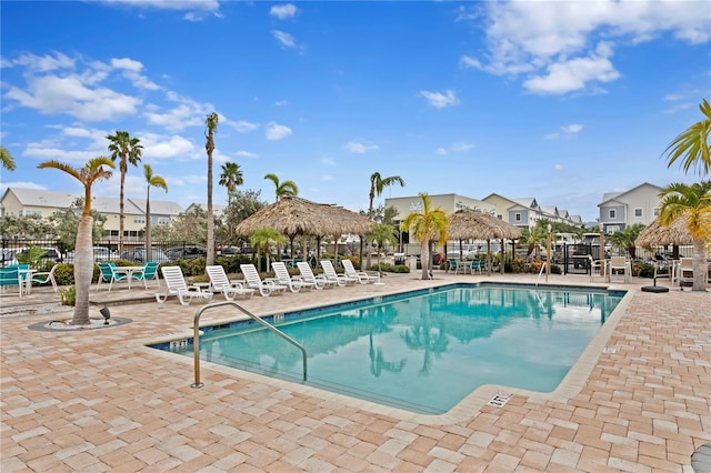 view of swimming pool featuring a gazebo and a patio area