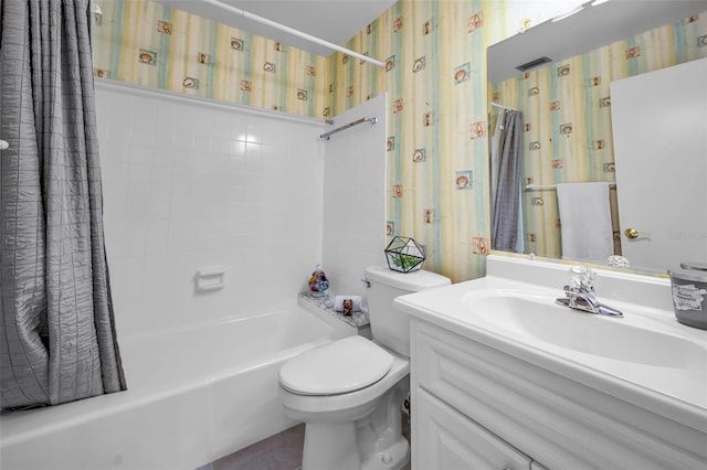 bathroom with shower / tub combo, vanity, toilet, and wallpapered walls