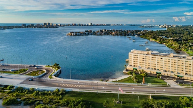 birds eye view of property with a view of city and a water view