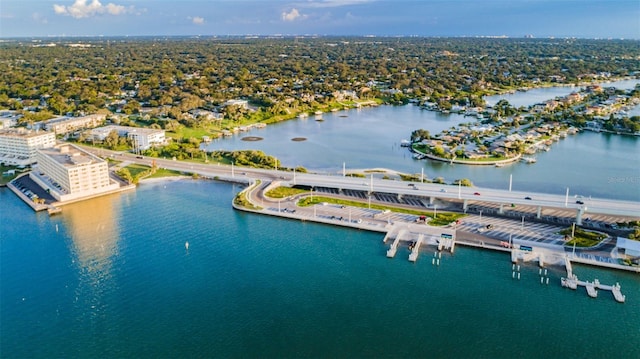 bird's eye view with a water view