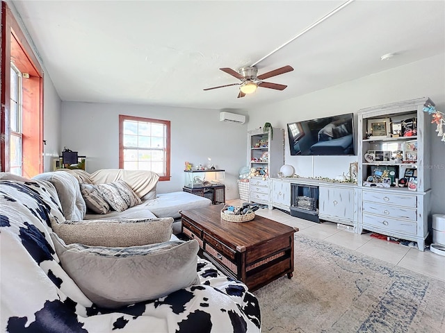 tiled living room featuring ceiling fan, lofted ceiling, and a wall unit AC