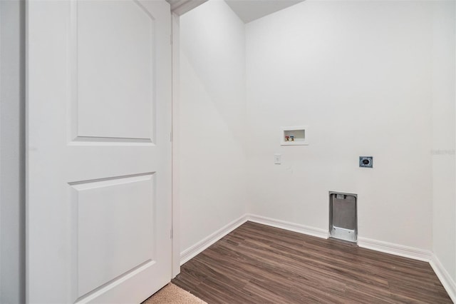 washroom featuring washer hookup, electric dryer hookup, and dark wood-type flooring