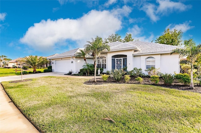 single story home featuring a front lawn and a garage