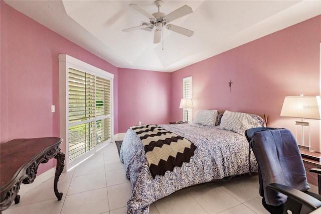 bedroom featuring light tile patterned floors and ceiling fan