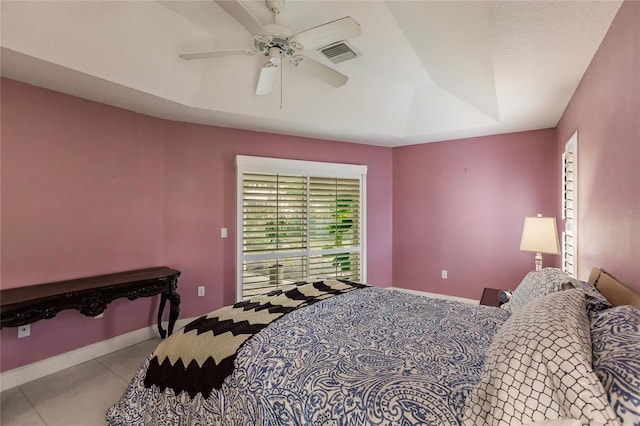 bedroom featuring ceiling fan and light tile patterned floors