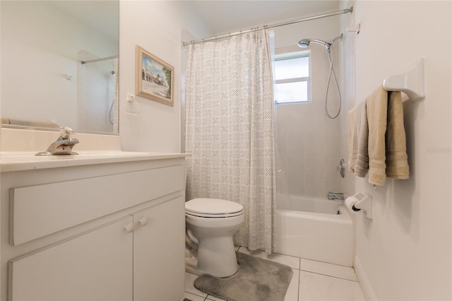 full bathroom featuring tile patterned flooring, vanity, toilet, and shower / bathtub combination with curtain