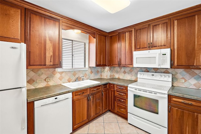 kitchen featuring decorative backsplash, sink, and white appliances