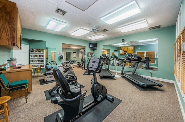 1012 Osprey Ct, Tarpon Springs, FL 34689 - exercise room with a textured ceiling, a ceiling fan, and light colored carpet