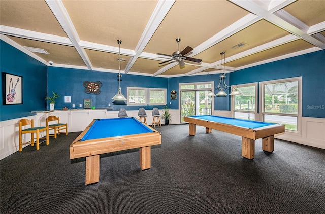 1012 Osprey Ct, Tarpon Springs, FL 34689 - rec room with pool table, coffered ceiling, a wainscoted wall, beam ceiling, and ceiling fan