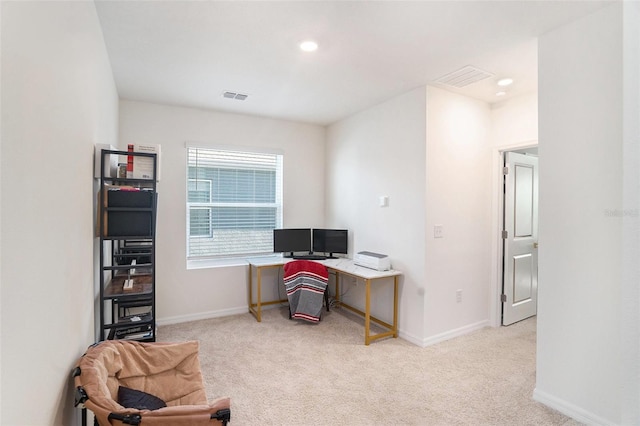 home office featuring light carpet