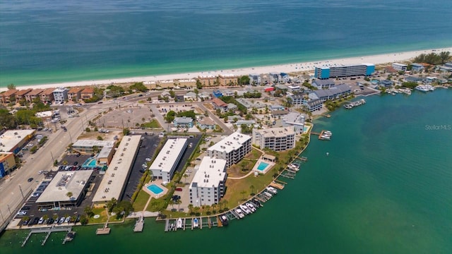 aerial view with a beach view and a water view