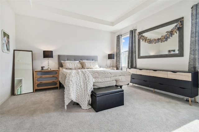 carpeted bedroom featuring a tray ceiling