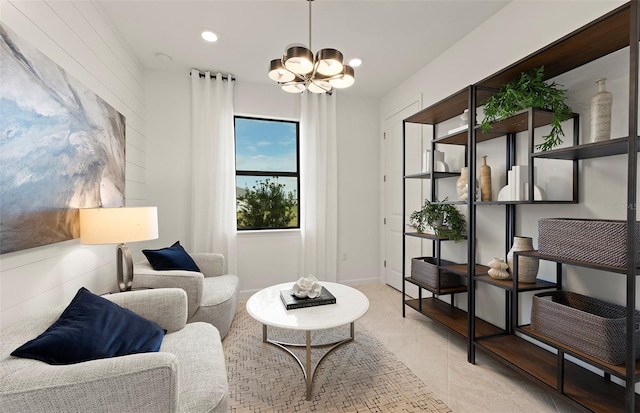 living area with light tile patterned floors, recessed lighting, and a chandelier