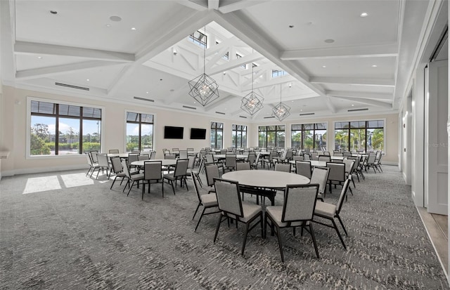 dining area featuring baseboards, visible vents, high vaulted ceiling, recessed lighting, and beamed ceiling