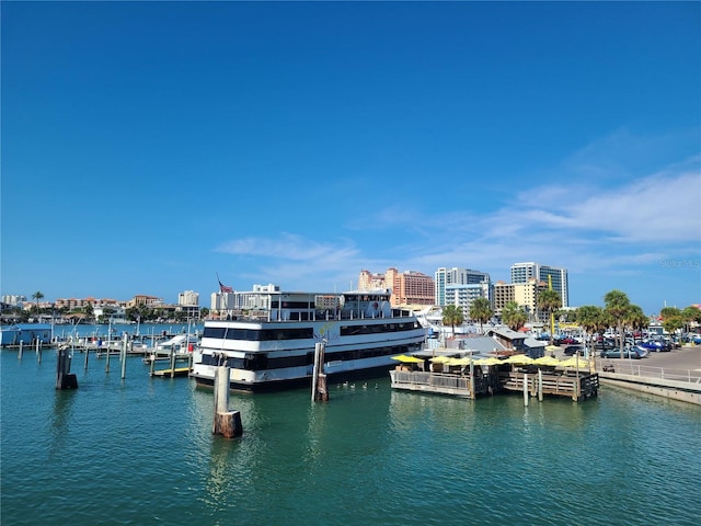 view of dock with a water view