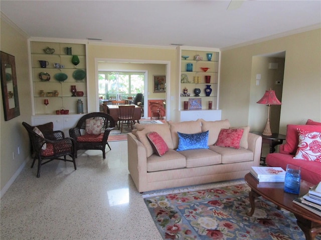 living room with crown molding