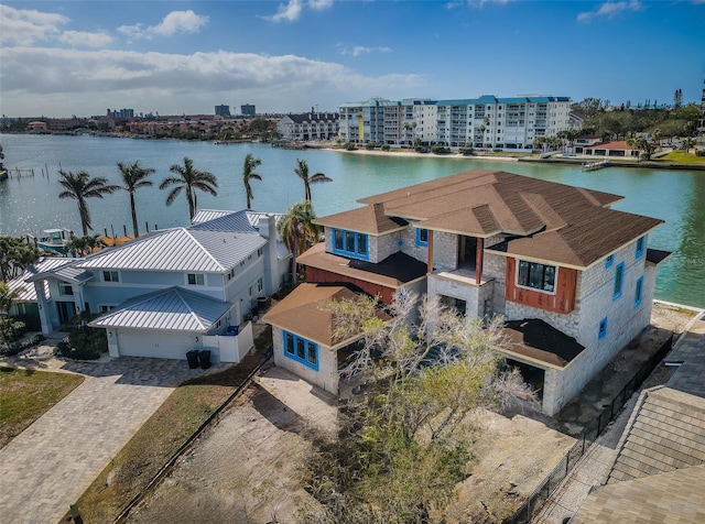 drone / aerial view featuring a water view