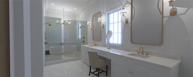 bathroom with a bathtub, vanity, an inviting chandelier, and ornamental molding